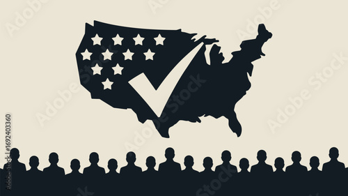 United states map with stars and checkmark above a silhouetted crowd in dark and light shades of gray