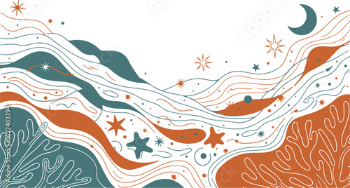Abstract celestial ocean landscape with moon stars and stylized marine elements illustration art