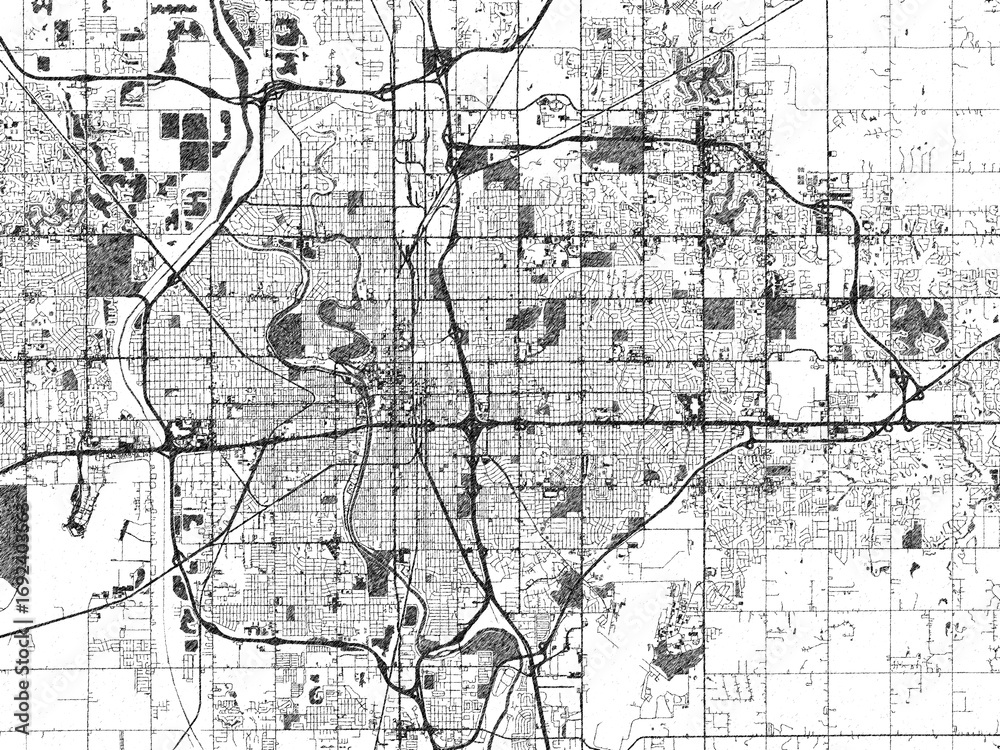 Obraz premium Stylized illustration of Wichita, Kansas, showing its roads and neighborhoods in sketch-like black and white.