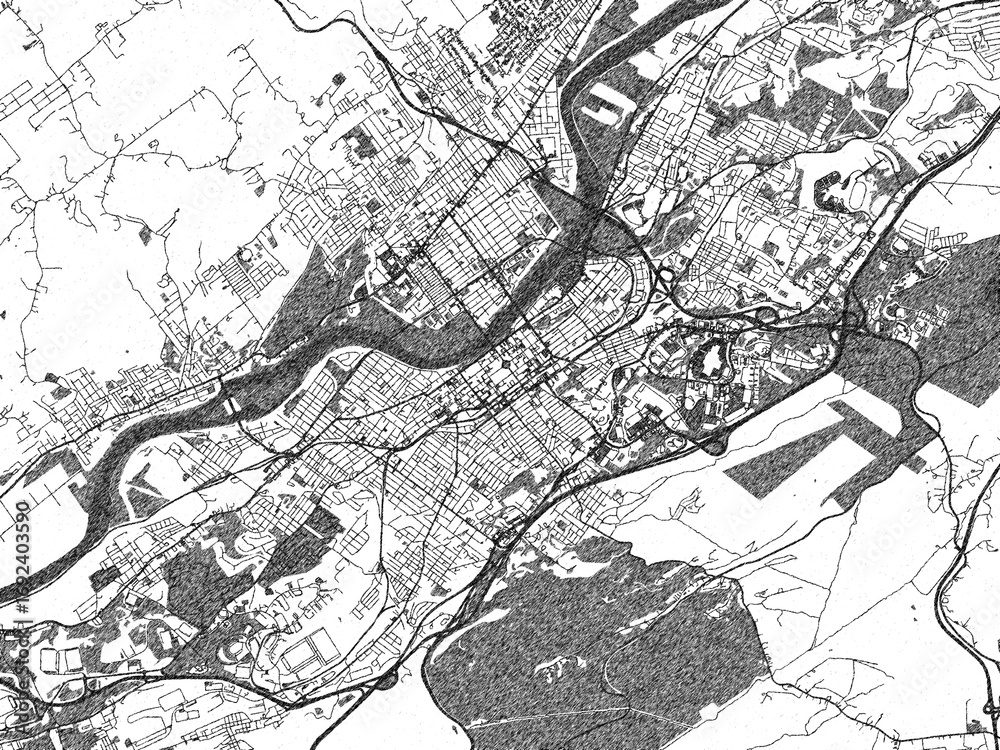 Fototapeta premium Black and white map of Wilkes-Barre, Pennsylvania, designed in a digital hand-drawn style, highlighting roads, parks, and rivers.