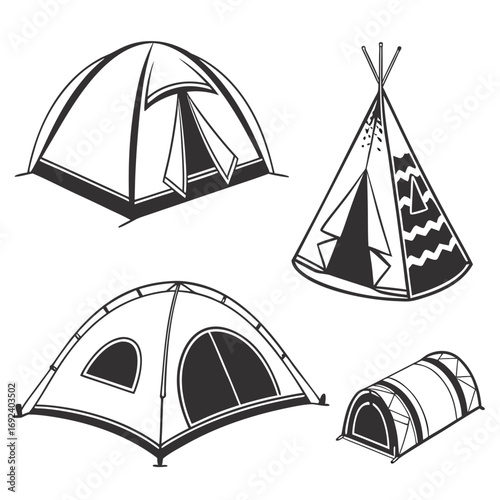 Collection of four different camping tents and a teepee in a simple black and white line art illustration style on a white background