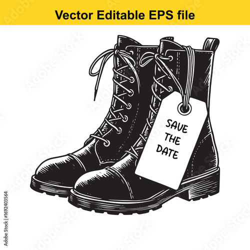 Pair of black combat boots with a save the date tag, isolated on white background