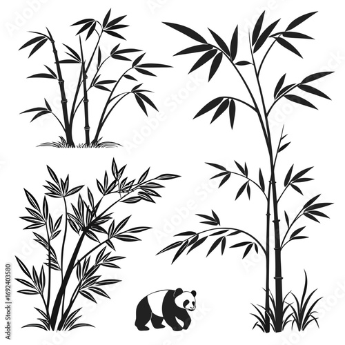 A collection of black and white silhouette illustrations featuring bamboo plants and a cute panda bear walking in a natural setting
