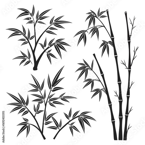 Elegant black silhouette of bamboo plants and branches with delicate leaves on a white background representing nature and tranquility in a minimalist style