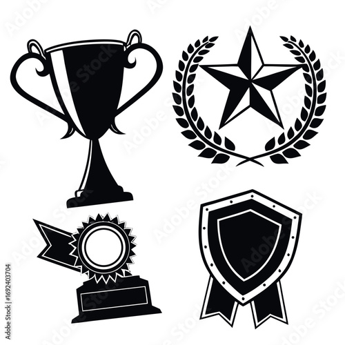 Collection of black and white award icons including a trophy star with laurel wreath medal and shield with ribbons representing achievement and success