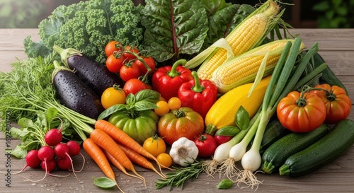 Vibrant Harvest: Fresh Vegetables Displayed on Rustic Wooden Table.