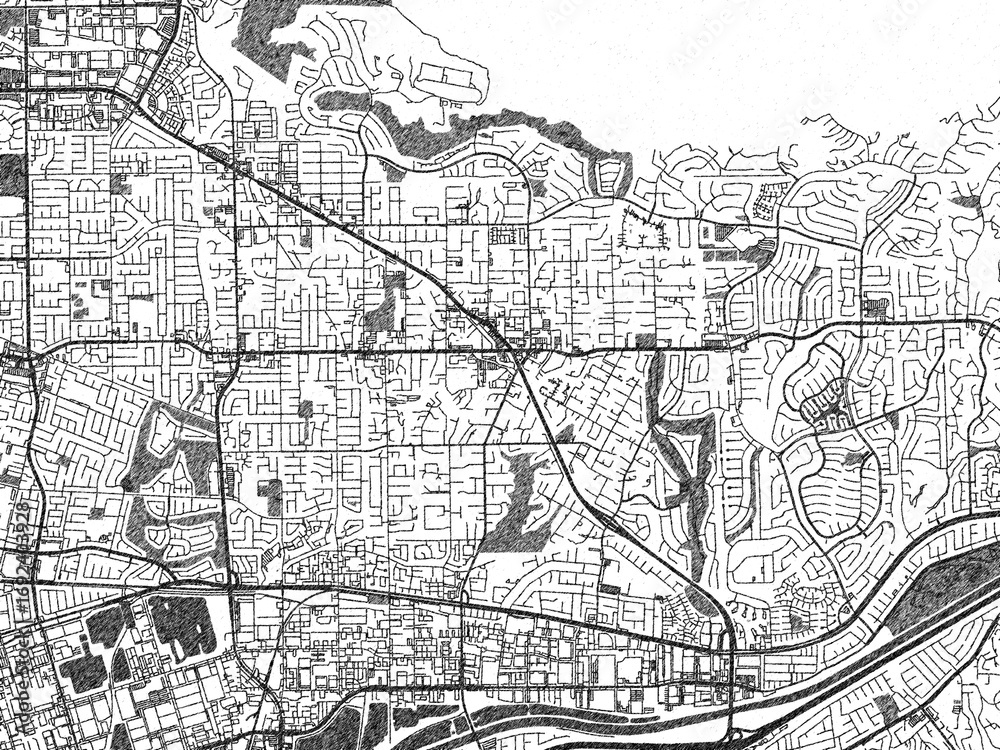 Naklejka premium Hand-drawn style black and white city map of Yorba_Linda, California, showing its urban design in an artistic layout.