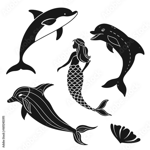 Whimsical black silhouette illustration of a mermaid with flowing hair and a scaly tail surrounded by three playful dolphins and a seashell on a white background