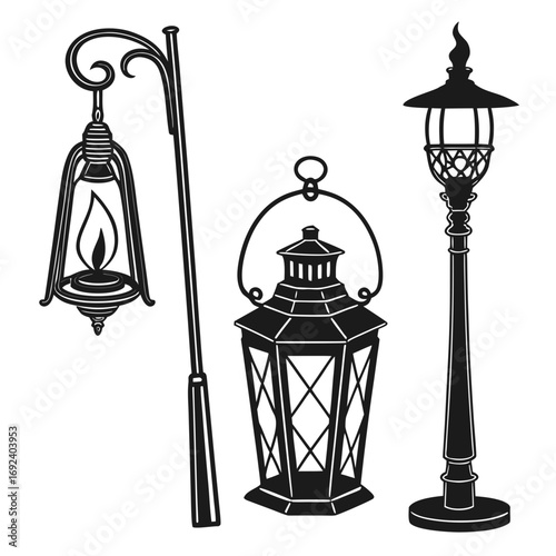 A collection of three vintage black silhouette lanterns and street lamps including a hanging oil lamp a hexagonal lantern and a tall ornate street lamp isolated on a white background
