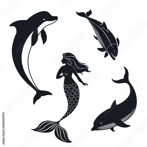 Silhouettes of a mythical mermaid and playful dolphins swimming in the ocean evoking a sense of fantasy and marine life