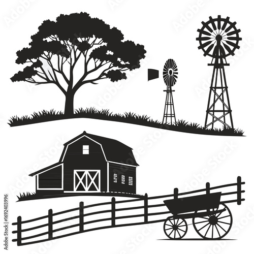 A charming silhouette of a rustic farm scene featuring a classic barn a large tree windmills a wooden fence and an old fashioned cart on a white background