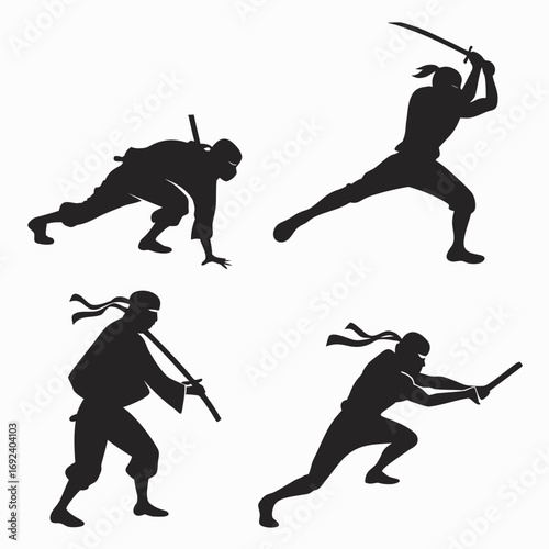 Dynamic silhouettes of four ninjas in various martial arts poses showcasing combat readiness and agility with traditional japanese weaponry