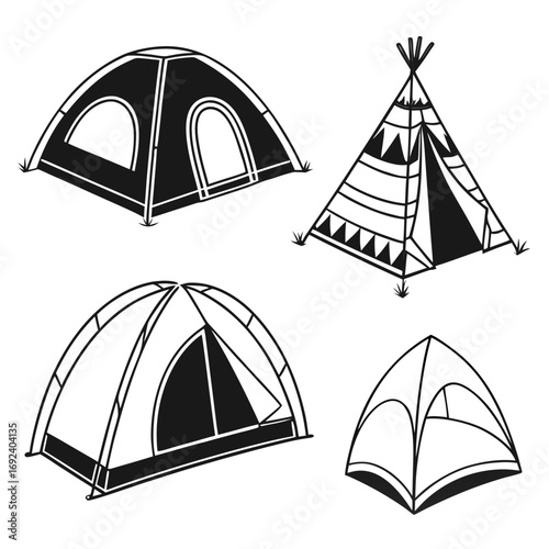 Collection of four diverse camping tents including a traditional teepee and modern dome tents presented in a simple black and white graphic illustration style