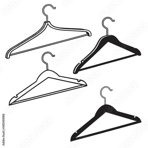 A collection of four clothing hangers two in outline and two in solid black arranged in a scattered pattern on a white background representing organization and fashion