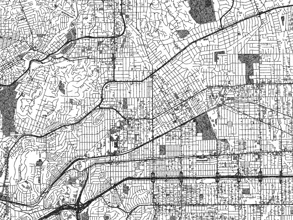 Naklejka premium Black and white sketch-style map of Alhambra, California, designed digitally with fine details and bold textures.