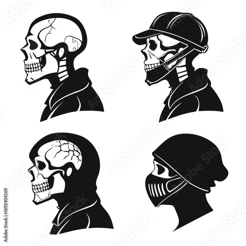 Four stylized black and white skull profiles in silhouette each with a different headwear or face covering representing diverse modern styles and attitudes
