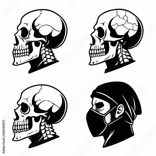 A collection of four stylized skull illustrations in profile view showcasing variations in detail and a masked skull representing modern concerns