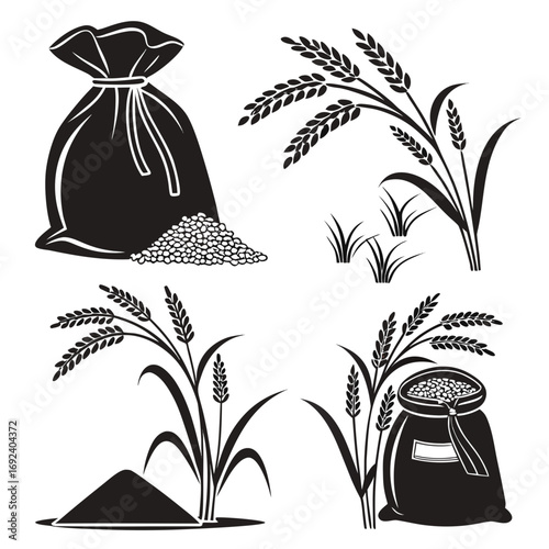 Set of black and white graphic illustrations depicting rice grain in sacks and stalks of wheat or rice plants in fields symbolizing agriculture and harvest