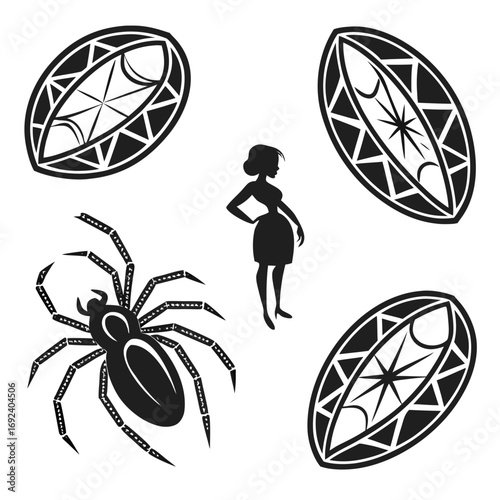 Stylized black silhouette of a woman standing with a spider and three faceted gemstones on a white background representing a unique design concept