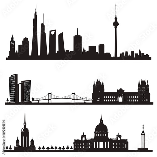 A collection of city skylines in silhouette featuring iconic buildings and bridges representing urban landscapes and architectural diversity in black and white