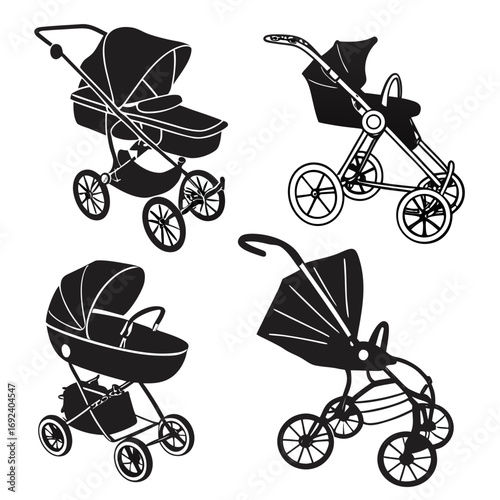 Collection of four black silhouette baby strollers and prams in various styles and designs isolated on a white background perfect for design elements and illustrations