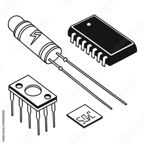 A collection of electronic components including a diode with a lightning bolt symbol a dual in line package integrated circuit and a surface mount chip presented in a clean isometric line art style