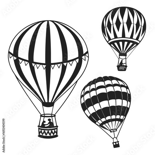 Three black and white hot air balloons with different stripe and checkered patterns floating against a white background one with passengers visible in the basket