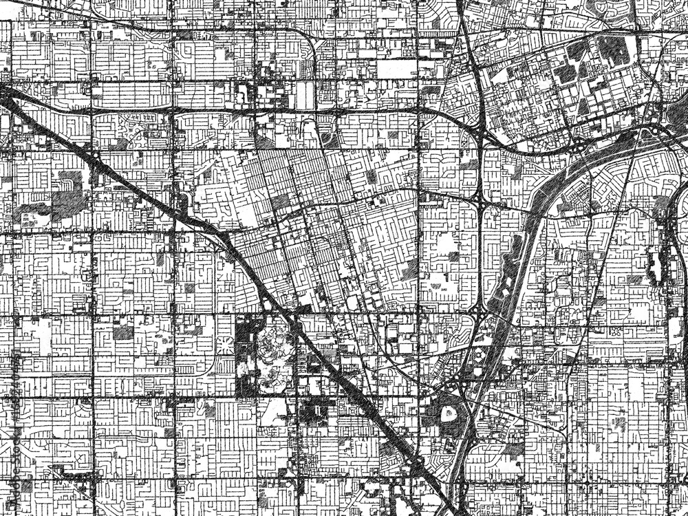 Fototapeta premium Black and white hand-drawn map of Anaheim, California, designed as a decorative illustration.