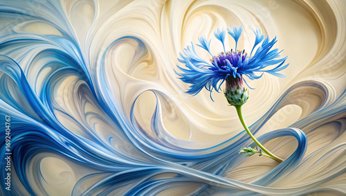 Blue knapweed on abstract swirl cream background