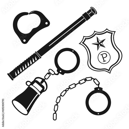 Collection of police equipment including handcuffs baton badge and pepper spray presented as black silhouettes on a white background symbolizing law enforcement and security
