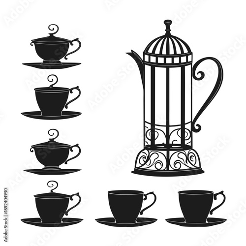 Elegant black silhouette illustrations of vintage teacups with saucers and a decorative french press coffee maker on a white background