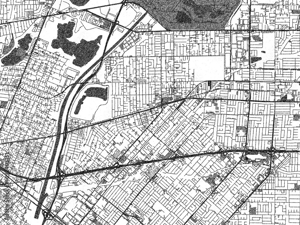 Obraz premium Black and white sketch-style map of Baldwin_Park, California, designed digitally with fine details and bold textures.