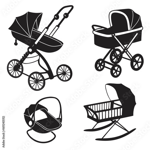Collection of four black silhouette illustrations of baby transportation and sleeping items including strollers prams car seats and a rocking cradle on a white background