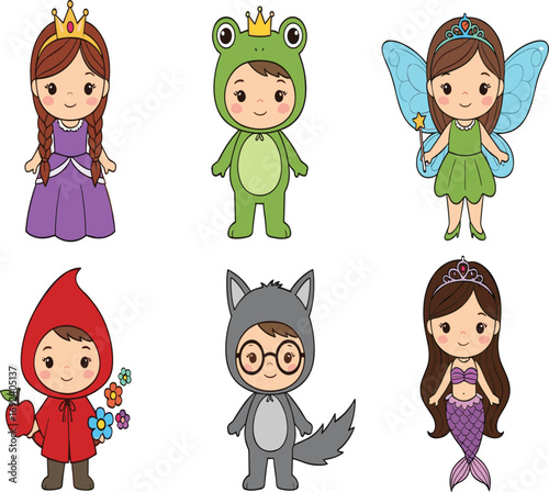 Fairy tale cartoon children, princess, mermaid, wolf, frog prince, fairy, Red Riding Hood, costume set, fantasy illustration, storybook theme