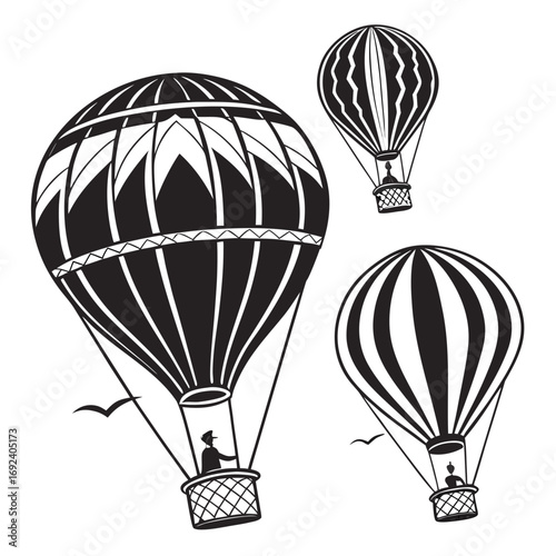 Three stylized black and white hot air balloons with people in baskets ascend into the sky with birds flying nearby