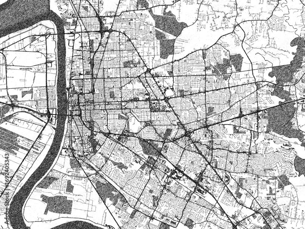 Naklejka premium Minimal city map illustration of Baton Rouge, Louisiana, in hand-drawn style monochrome with strong gridlines and shaded areas.