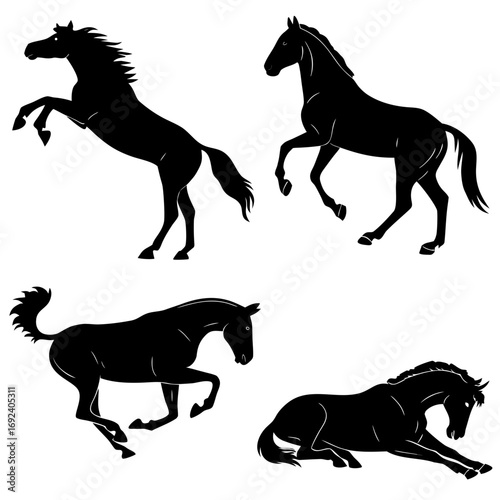Collection of black horse silhouettes in various dynamic poses showing power grace and movement against a white background