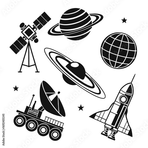 A collection of black and white silhouette icons representing space exploration and celestial bodies including a telescope planets a satellite dish a rover a rocket and stars