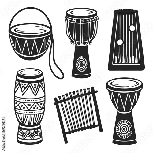 Collection of stylized african musical instruments including various drums and a kalimba presented as black silhouette graphics on a white background