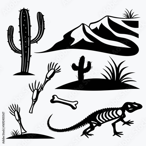 Desert landscape silhouette collection featuring cacti mountains dinosaur skeleton lizard bones and prehistoric plant fossils for graphic design elements