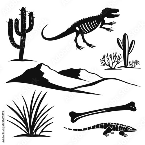 A collection of black silhouette illustrations depicting a desert landscape with cacti mountains dry brush grass a dinosaur skeleton a bone and a lizard skeleton