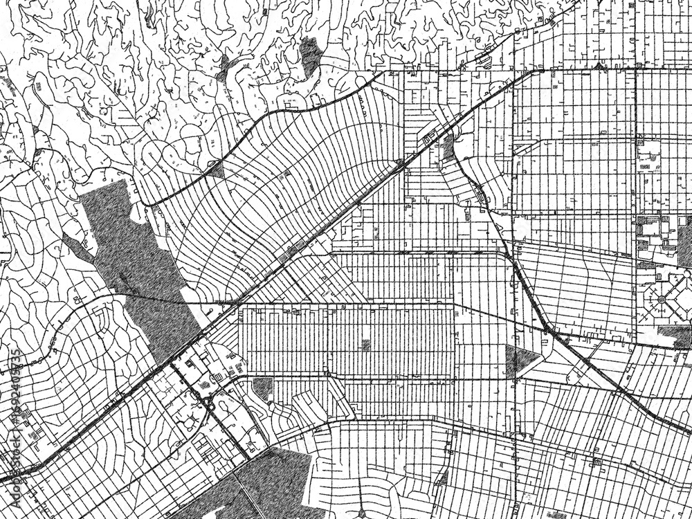 Naklejka premium Hand-drawn style black and white city map illustration of Beverley Hills, California, with detailed streets and shaded textures.