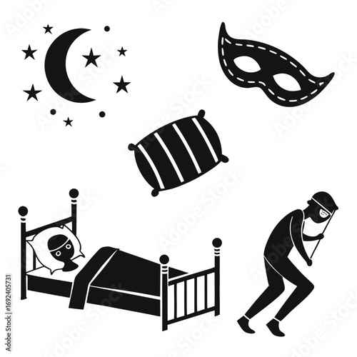 A whimsical collection of nighttime icons including a sleeping person in bed a pillow a masquerade mask and a silhouette of a burglar under a starry moonlit sky