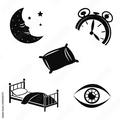 A collection of simple black icons representing sleep and rest including a crescent moon with a face stars an alarm clock a pillow a bed and an open eye