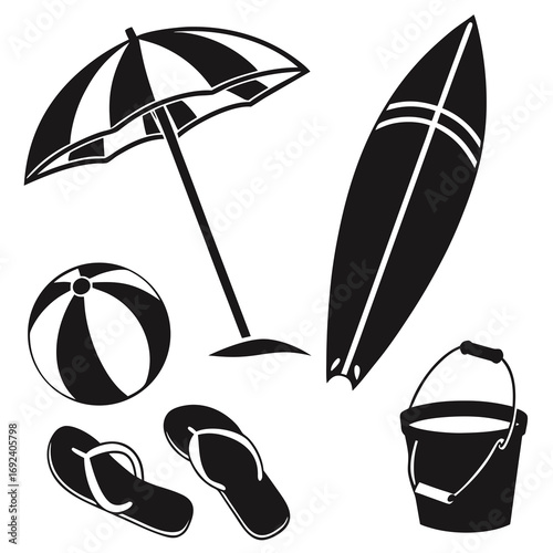 A collection of black and white silhouette icons representing beach vacation essentials including a surfboard umbrella beach ball flip flops and a bucket