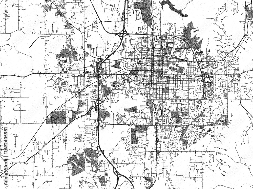 Fototapeta premium Monochrome map illustration of Bloomington, Indiana, with hand-drawn style textures highlighting its streets and rivers.
