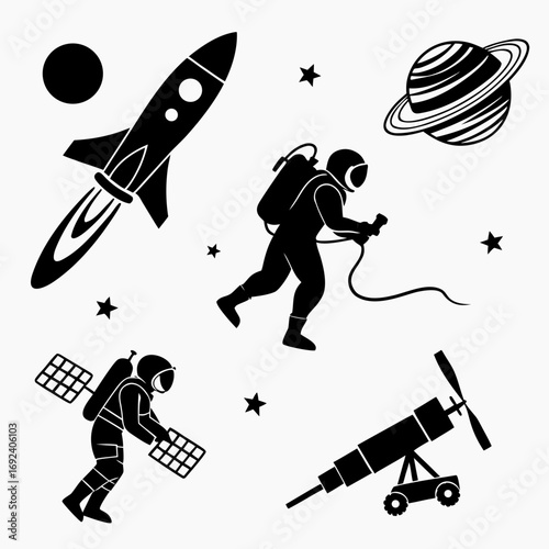 Black silhouette icons of astronauts a rocket a satellite a planet a telescope and stars in a cosmic space scene on a white background