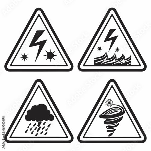 Collection of four triangular warning signs depicting various weather hazards including lightning with sun and stars lightning with waves and snowflakes heavy rain and a tornado