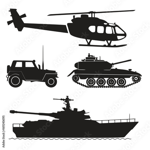 Collection of black silhouettes of military vehicles including a helicopter a jeep a tank and a warship on a white background