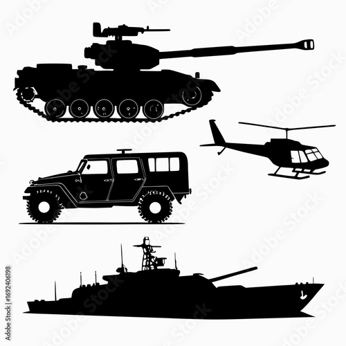 Collection of black silhouette military vehicles including a tank helicopter armored car and warship on a white background representing different branches of armed forces